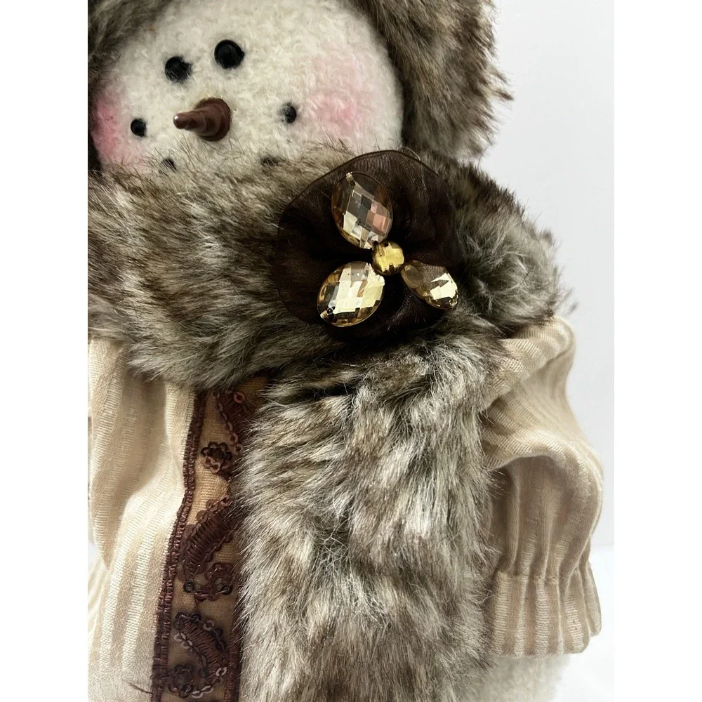 Christmas Decorative Snowwoman Plush Faux Fur Hat & Coat Brown Tan Feathers 16
